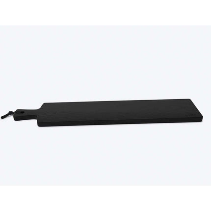 Servierbrett oder Schneidebrett aus Eichenholz schwarz mit Griff und schwarzem Lederband zum aufhängen, 800mmx180mmx25mm