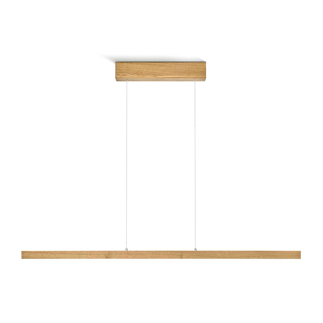 Balkenleuchte aus Asteiche geölt, Modell Laurent, 1300mm, Baldachin Holz, LED, Rollizug (höhenverstellbar, kürzbar), Alu-LED-Leiste mit Acryl, Frontalansicht