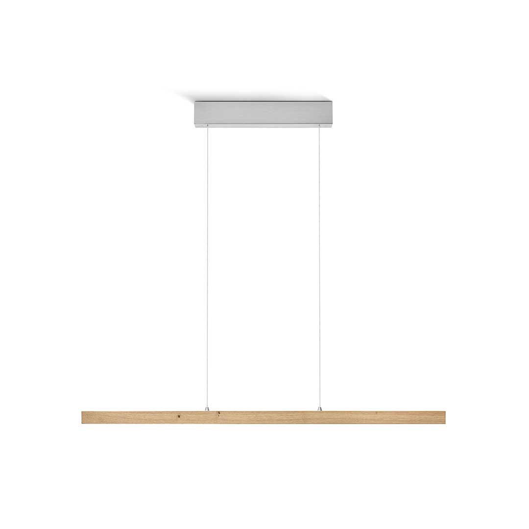 Balkenleuchte aus Asteiche Natur, Modell Laurent, 1000mm, Baldachin Nickel, LED, Rollizug (höhenverstellbar, kürzbar), Alu-LED-Leiste mit Acryl, Frontalansicht