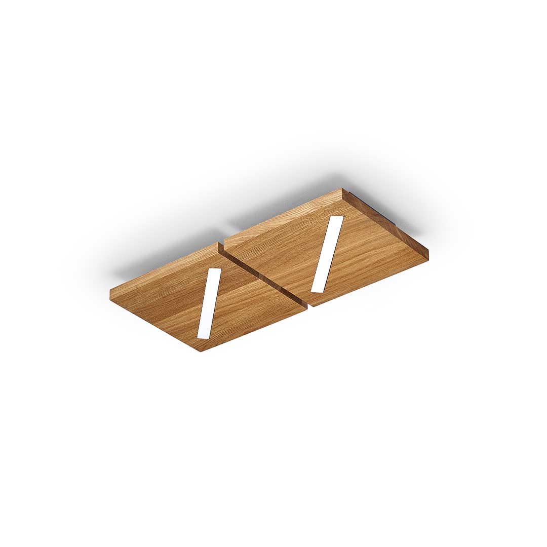 Deckenleuchte aus Asteiche geölt, Modell Liam, 2-flammig LED, Metall schwarz gepulvert, dimmbar, 430mm x 210mm x 44mm, Ansicht schräg