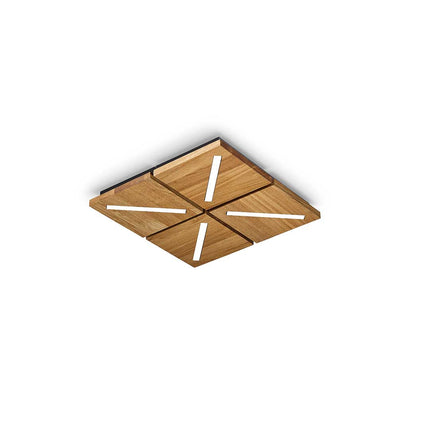 Deckenleuchte aus Asteiche geölt, Modell Liam, 4-flammig LED, Metall schwarz gepulvert, dimmbar, 430mm x 430mm x 44mm, Ansicht schräg