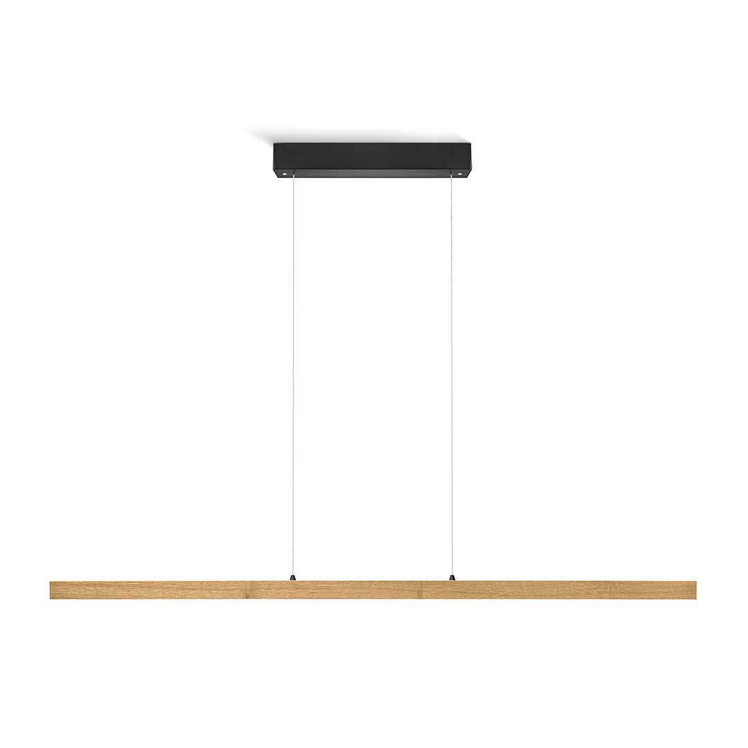 Balkenleuchte aus Asteiche geölt, Modell Laurent, 1300mm, Baldachin schwarz, LED, Rollizug (höhenverstellbar, kürzbar), Alu-LED-Leiste mit Acryl, Frontalansicht