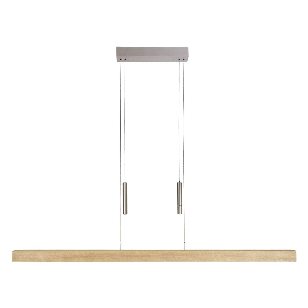 Balkenleuchte aus Asteiche natur, Modell Leonora mit Gewichten (höhenverstellbar), 1210mm lang, Dimm-to-warm-Funktion, Milieubild, Leuchte hängt über Esstisch