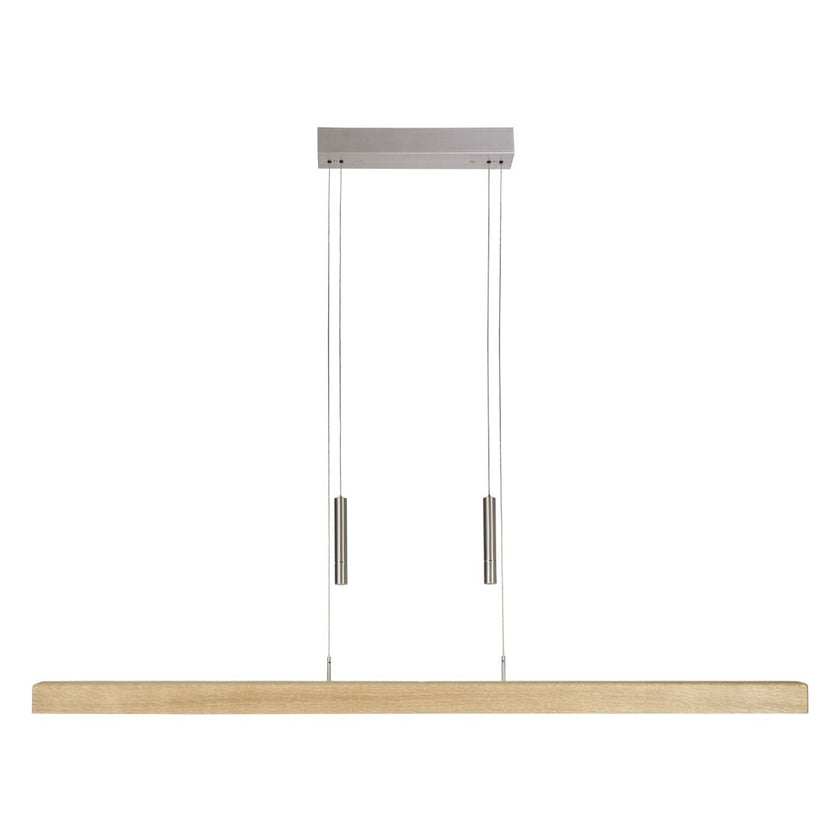 Balkenleuchte aus Asteiche natur, Modell Leonora mit Gewichten (höhenverstellbar), 1210mm lang, Dimm-to-warm-Funktion, Milieubild, Leuchte hängt über Esstisch