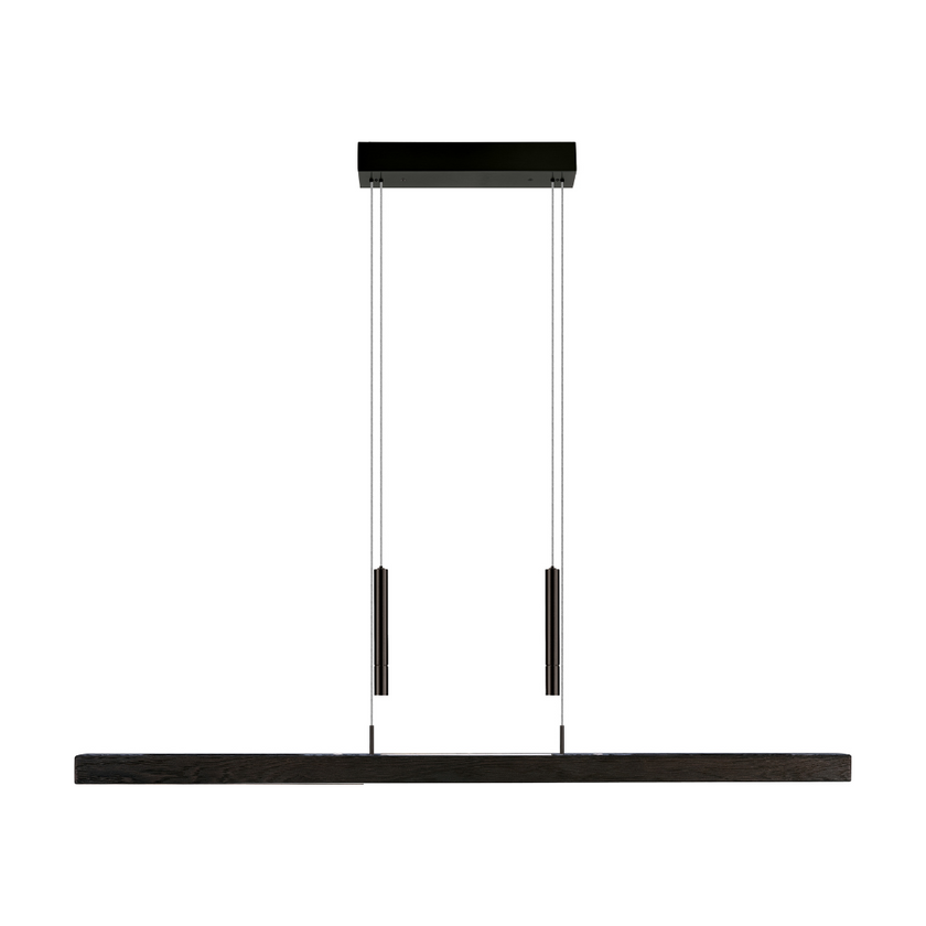 Balkenleuchte aus Asteiche Kohle, Modell Leonora mit Gewichten, LED, höhenverstellbar, Dimm-to-warm-Funktion, Nickel matt gebürstet, Frontalansicht