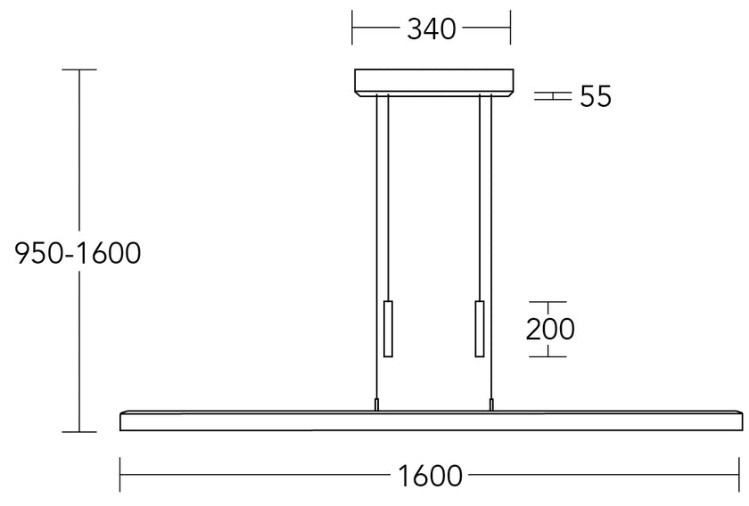 Balkenleuchte Modell Leonora, 1600mm lang, technische Zeichnung