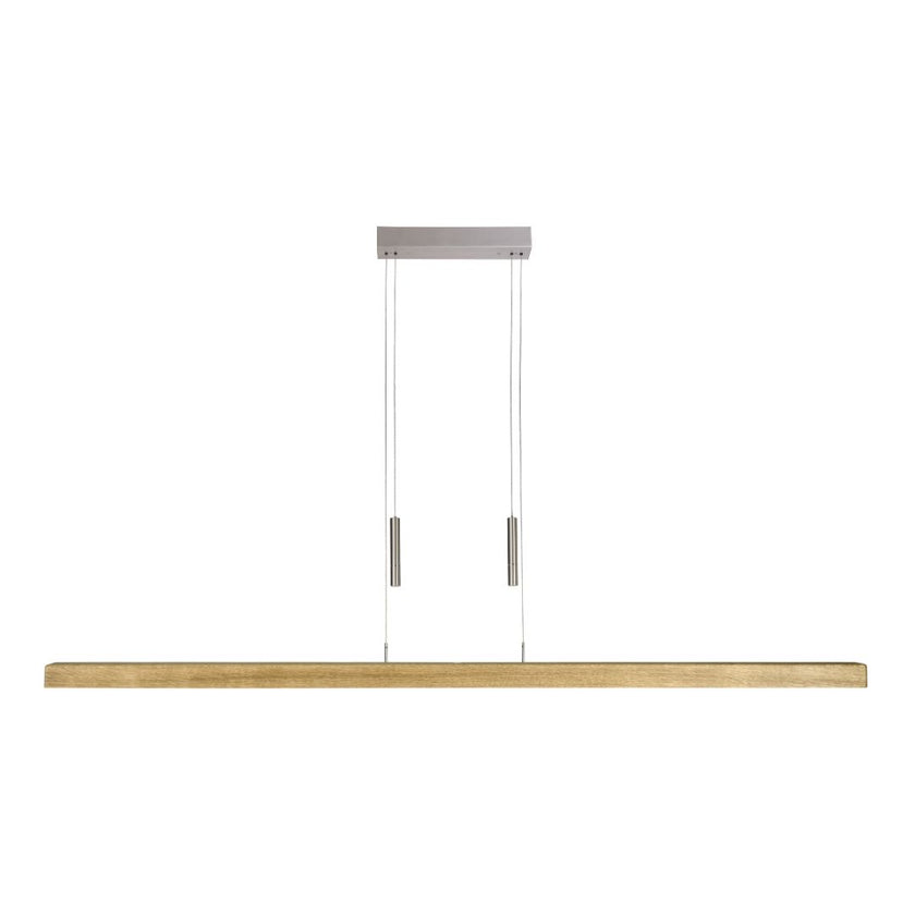 Balkenleuchte aus Asteiche Natur, Modell Leonora mit Gewichten (höhenverstellbar), 1600mm lang, Dimm-to-warm-Funktion, Nickel Baldachin, Frontalansicht 