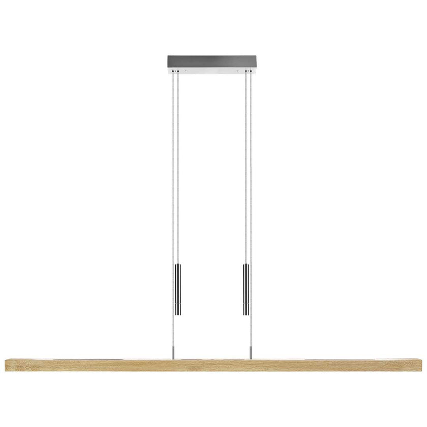 Balkenleuchte aus Asteiche Natur, Modell Leonora mit Gewichten (höhenverstellbar), 1600mm lang, Dimm-to-warm-Funktion, Nickel Baldachin, Frontalansicht 