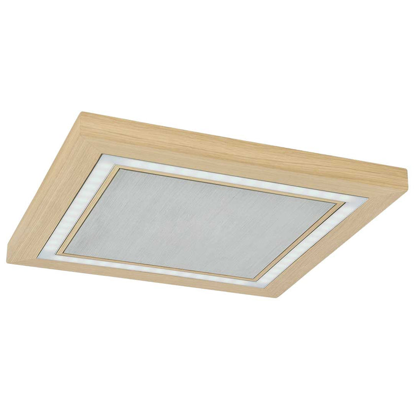 Deckenleuchte aus Asteiche Natur, Modell Otto O, quadratisch, Alu LED Leiste, Metall Nickel matt gebürstet, dimmbar, Seitenansicht