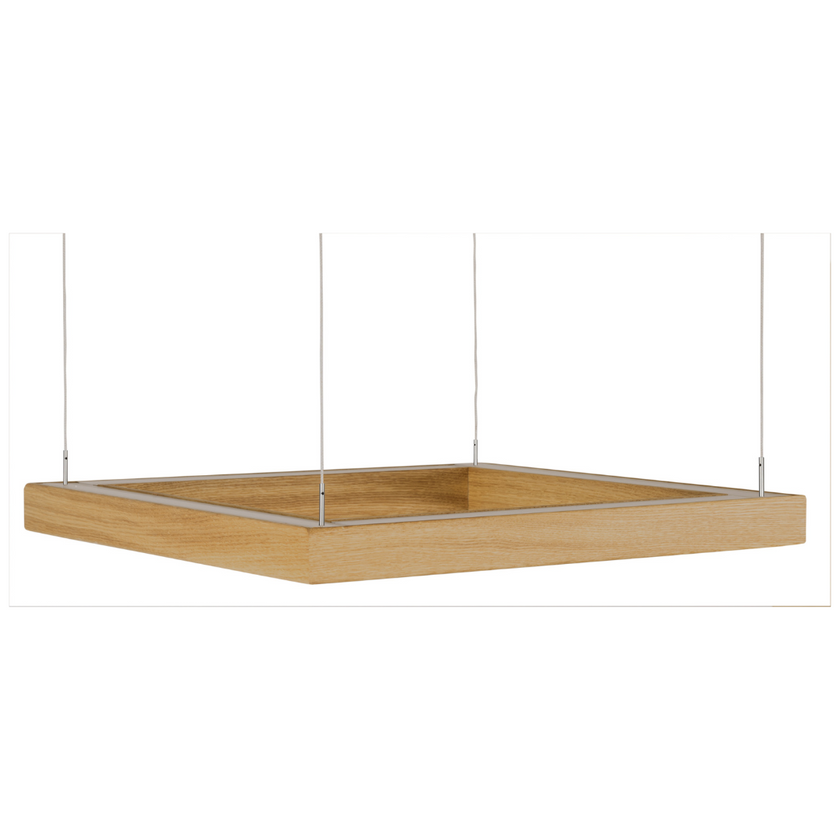 Deckenleuchte aus Asteiche geölt, Modell Leonora, 500mm x 510mm, kürzbar, stufenloses Dimmen, Ansicht schräg auf Holzdetail