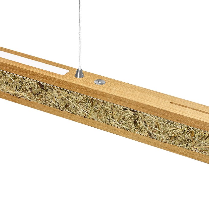 Balkenleuchte aus Asteiche geölt und Almwiesenheuapplikation, Modell Karl H, 1000mm, Nickel Baldachin, Rollizug, Dimm-to-warm-Funktion, Detailansicht 