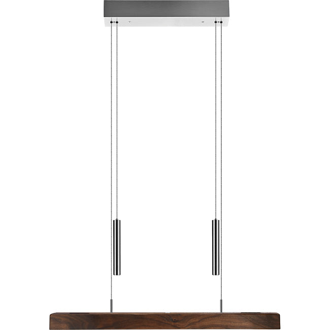 Balkenleuchte aus Nussbaum geölt, Modell Leonora mit Gewichten (höhenverstellbar), 625mm lang, Dimm-to-warm-Funktion, Nickel Baldachin, Frontalansicht 