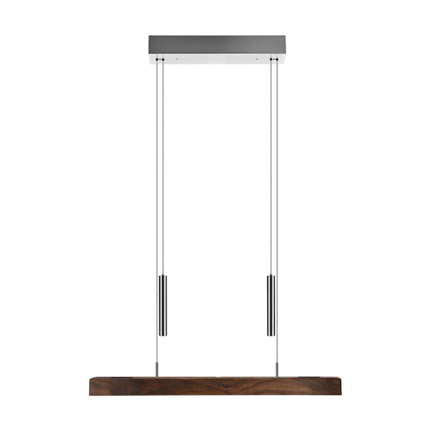 Balkenleuchte aus Nussbaum geölt, Modell Leonora mit Gewichten (höhenverstellbar), 625mm lang, Dimm-to-warm-Funktion, Nickel Baldachin, Frontalansicht 