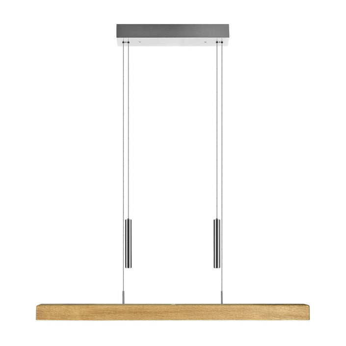 Balkenleuchte aus Asteiche geölt, Modell Leonora mit Gewichten (höhenverstellbar), 850mm lang, Dimm-to-warm-Funktion, Nickel Baldachin, Frontalansicht 
