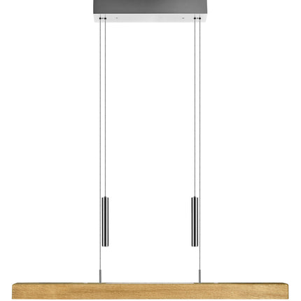 Balkenleuchte aus Asteiche geölt, Modell Leonora mit Gewichten, 850mm lang, LED, höhenverstellbar, Dimm-to-warm-Funktion, Nickel matt gebürstet, Baldachin Nickel, Frontalansicht 