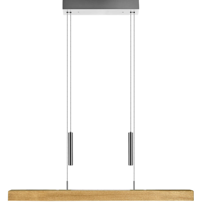 Balkenleuchte aus Asteiche geölt, Modell Leonora mit Gewichten, 850mm lang, LED, höhenverstellbar, Dimm-to-warm-Funktion, Nickel matt gebürstet, Baldachin Nickel, Frontalansicht 