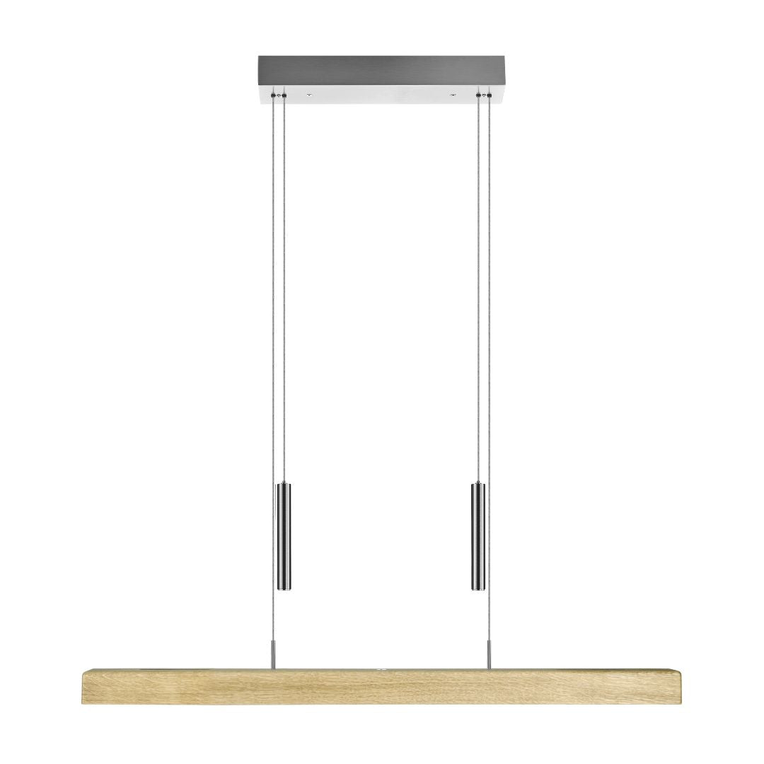 Balkenleuchte aus Asteiche natur, Modell Leonora mit Gewichten (höhenverstellbar), 850mm lang, Dimm-to-warm-Funktion, Nickel Baldachin, Frontalansicht 