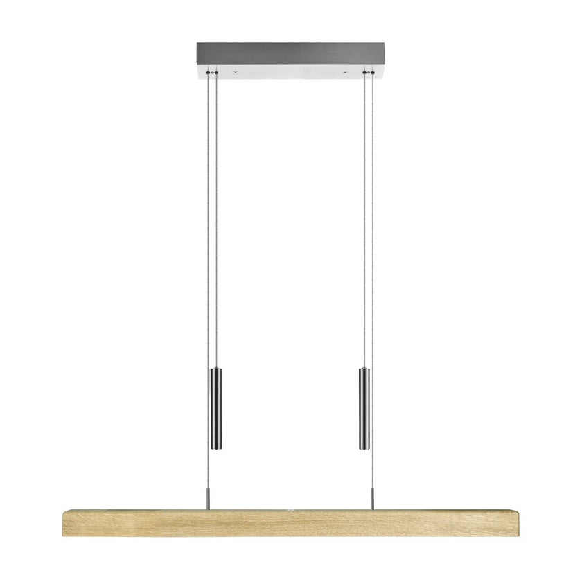 Balkenleuchte aus Asteiche natur, Modell Leonora mit Gewichten (höhenverstellbar), 850mm lang, Dimm-to-warm-Funktion, Nickel Baldachin, Frontalansicht 