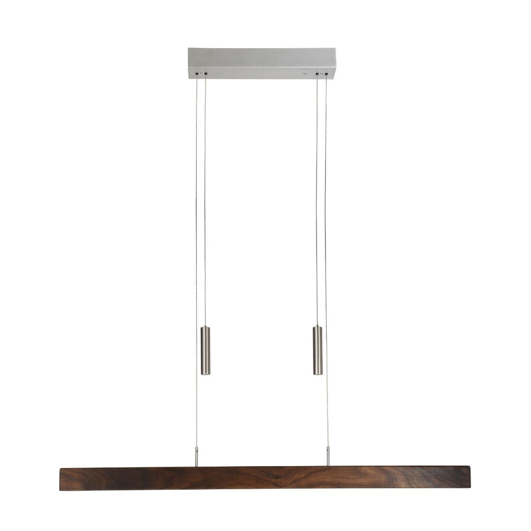 Balkenleuchte aus Nussbaum geölt, Modell Leonora mit Gewichten (höhenverstellbar), 850mm lang, Dimm-to-warm-Funktion, Nickel Baldachin, Frontalansicht 