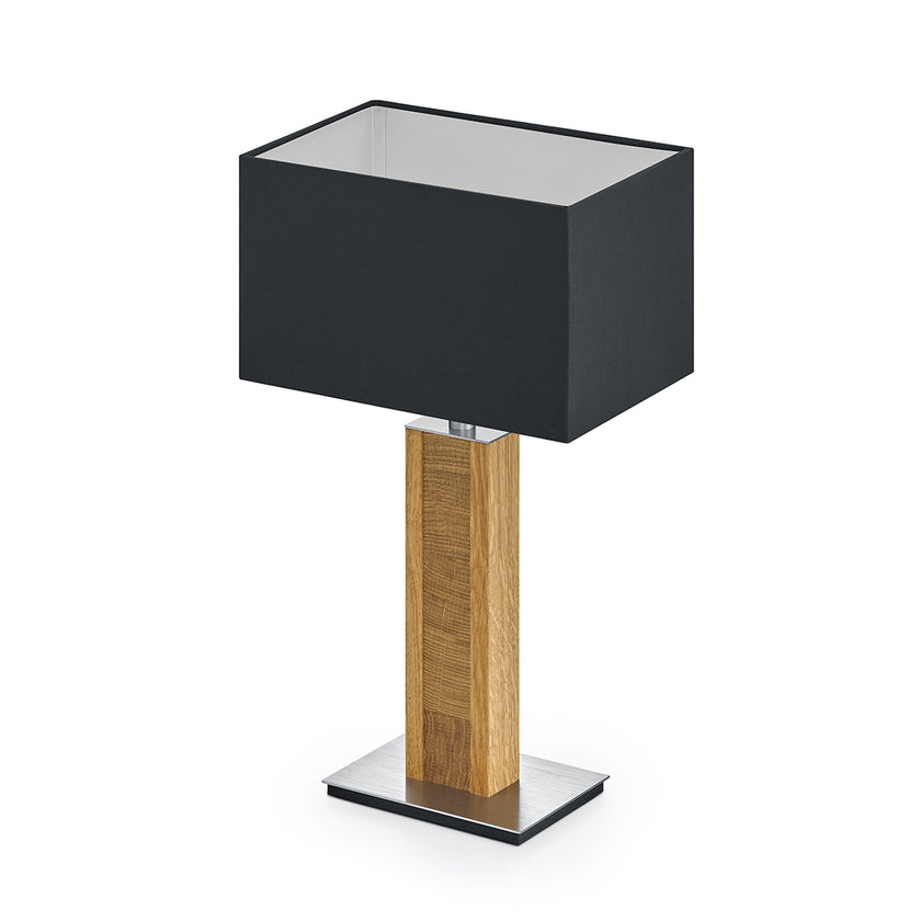 Tischleuchte aus Asteiche geölt und Kopfholz, Modell Karl K, schwarzer rechteckiger Schirm, Nickel Applikationen, Seitenansicht 