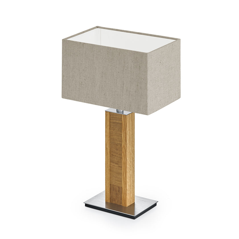 Tischleuchte aus Asteiche geölt und Kopfholz, Modell Karl K, Leinenoptik rechteckiger Schirm, Nickel Applikationen, Seitenansicht 