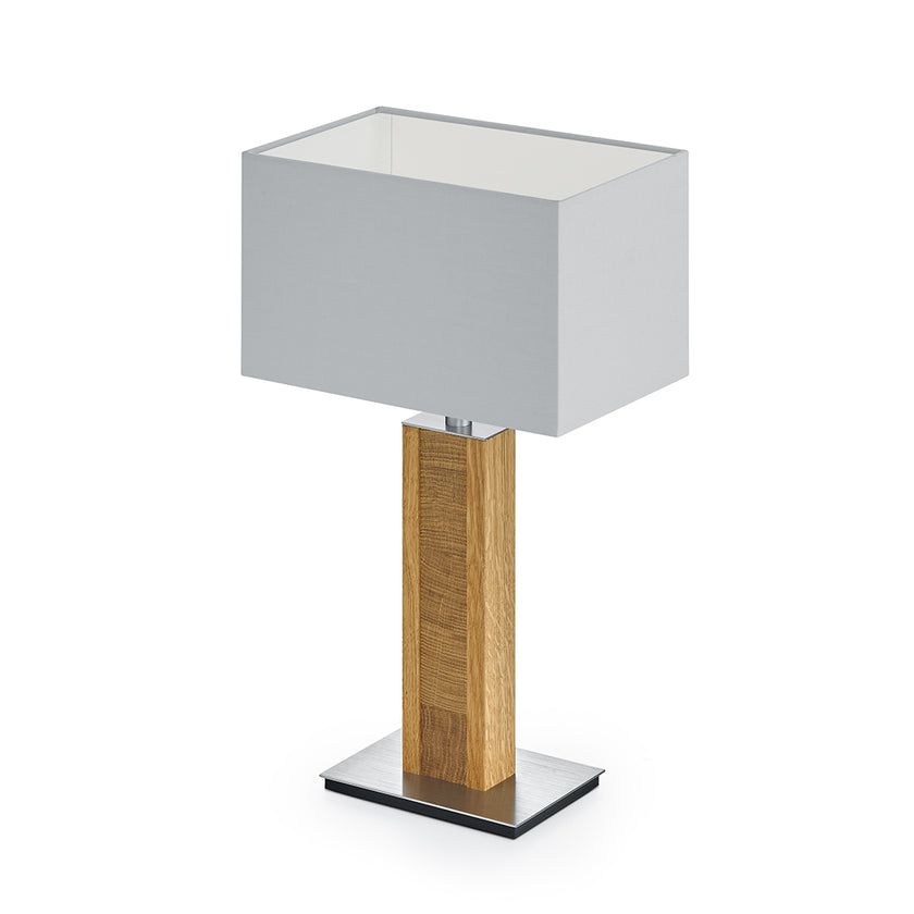 Tischleuchte aus Asteiche geölt und Kopfholz, Modell Karl K, silberner rechteckiger Schirm, Nickel Applikationen, Seitenansicht 