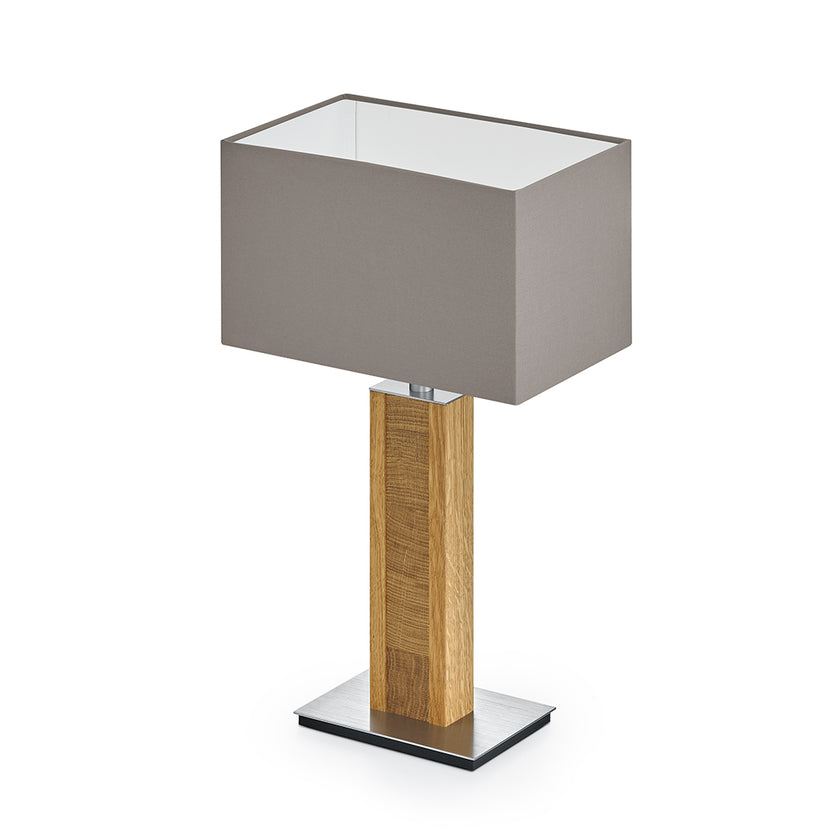 Tischleuchte aus Asteiche geölt und Kopfholz, Modell Karl K, taupe rechteckiger Schirm, Nickel Applikationen, Seitenansicht 