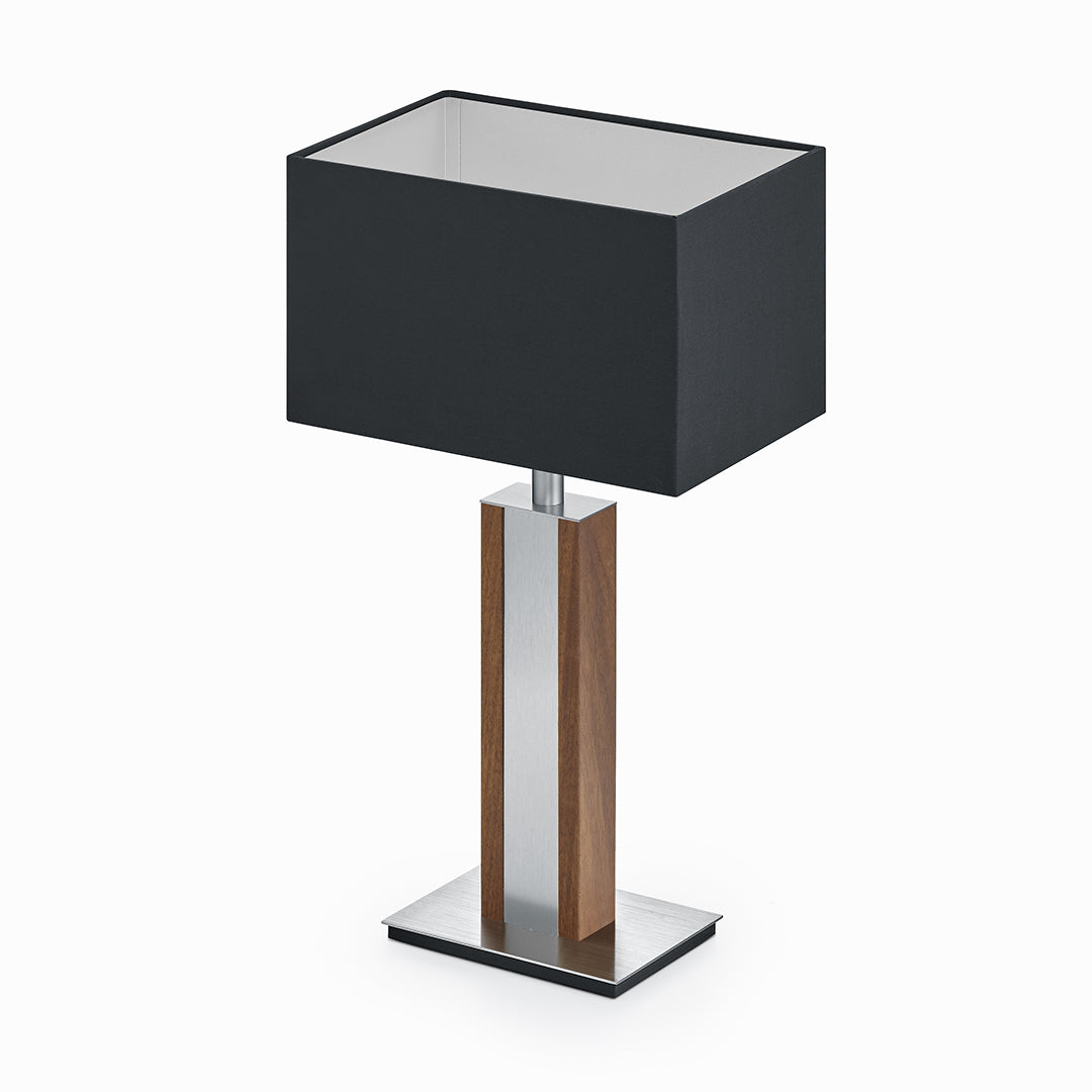 Karl N Quadra Tischlampe mit Nickelapplikation Nussbaum