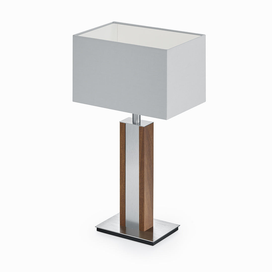 Karl N Quadra Tischlampe mit Nickelapplikation Nussbaum
