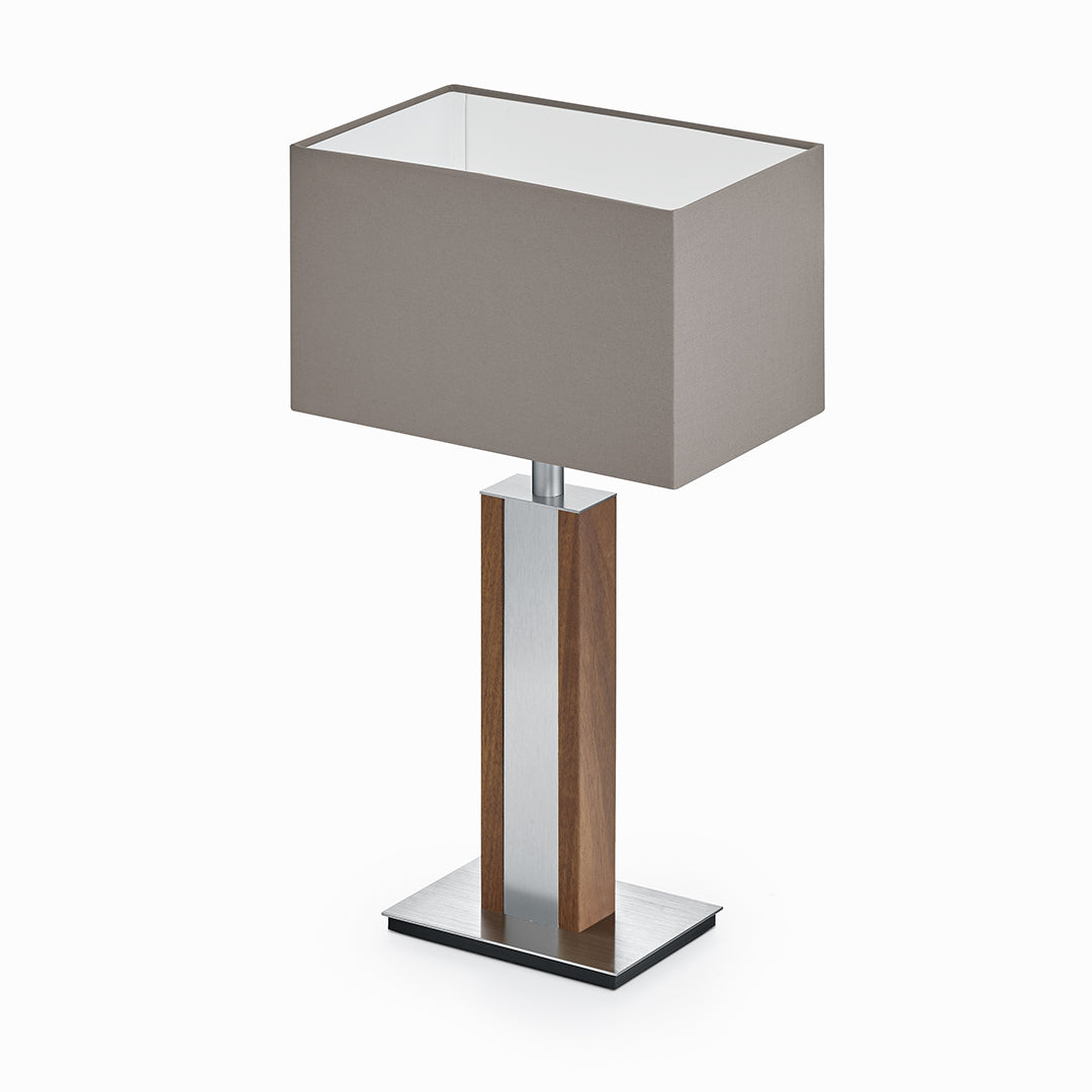 Karl N Quadra Tischlampe mit Nickelapplikation Nussbaum