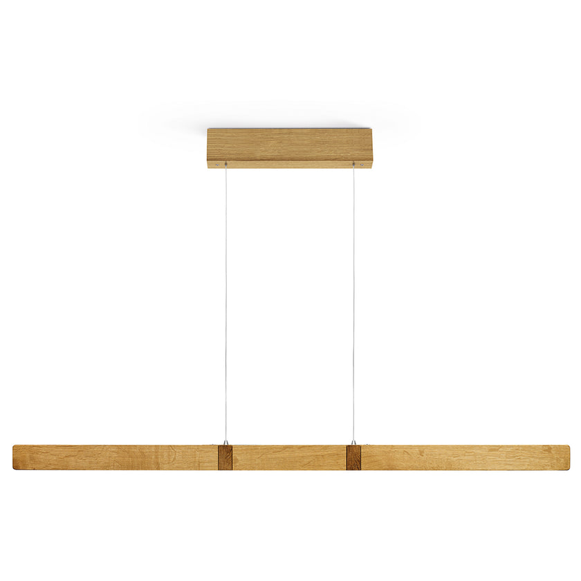 Balkenleuchte aus Asteiche geölt, Modell Marley, Holz Baldachin, 1300mm, Kopfholzapplikationen, Metall Nickel matt gebürstet, Up & Down Licht, dimmbar, Rollizug (höhenverstellbar), Frontalansicht