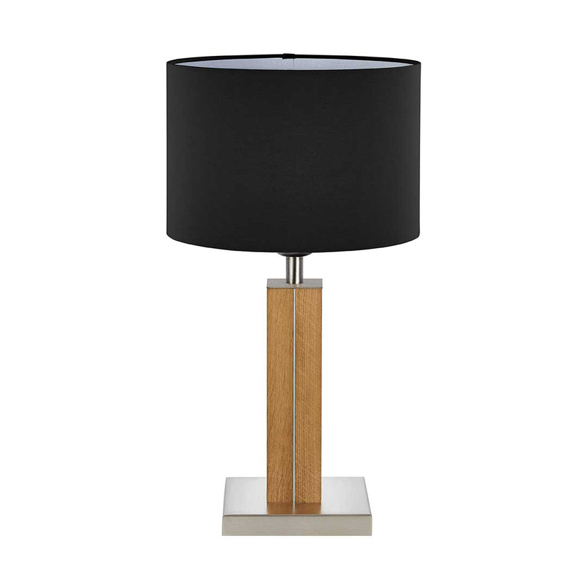Tischleuchte aus Asteiche geölt, Modell Dana, Schirm schwarz, Nickel Applikationen, Frontalansicht 