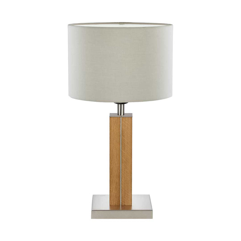 Tischleuchte aus Asteiche geölt, Modell Dana, Schirm silbergrau, Nickel Applikationen, Frontalansicht 