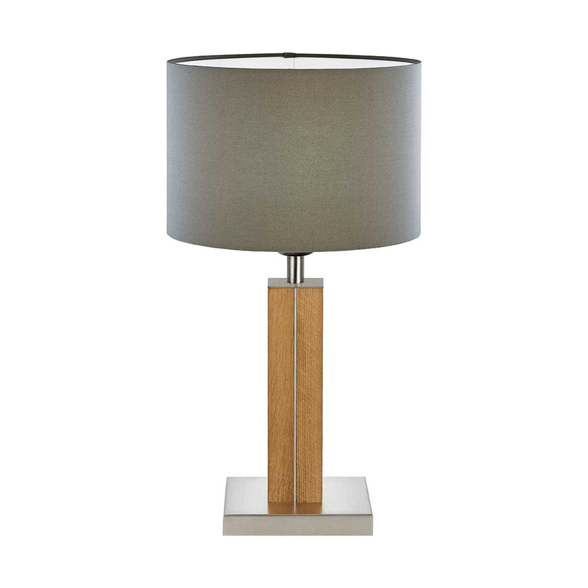 Tischleuchte aus Asteiche geölt, Modell Dana, Schirm Taupe, Nickel Applikationen, Frontalansicht 