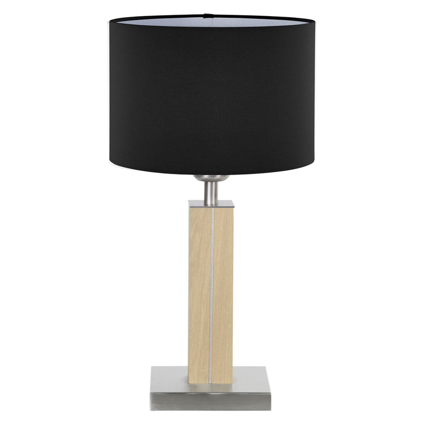 Tischleuchte aus Asteiche Natur, Modell Dana, Schirm schwarz, Nickel Applikationen, Frontalansicht 