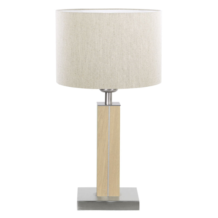Tischleuchte aus Asteiche Natur, Modell Dana, Schirm Leinenoptik, Nickel Applikationen, Frontalansicht 