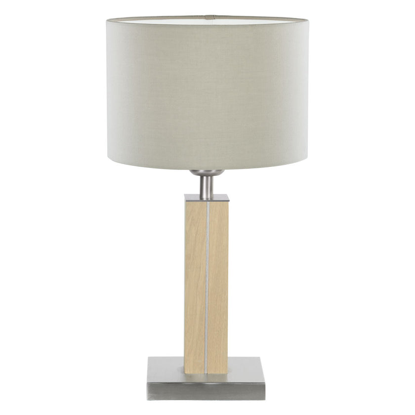Tischleuchte aus Asteiche Natur, Modell Dana, Schirm silbergrau, Nickel Applikationen, Frontalansicht 