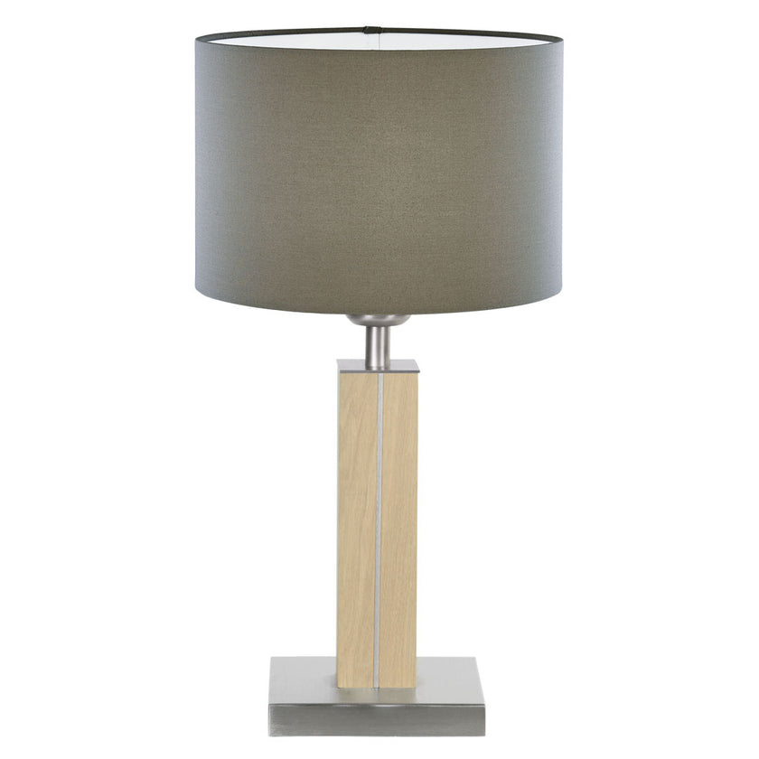 Tischleuchte aus Asteiche Natur, Modell Dana, Schirm Taupe, Nickel Applikationen, Frontalansicht 