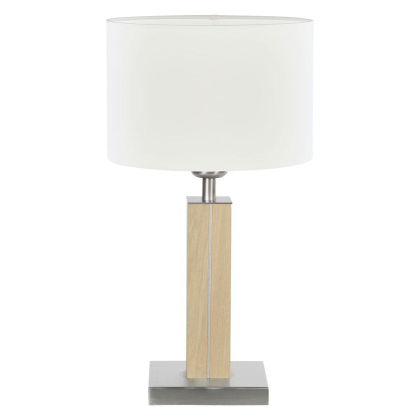 Tischleuchte aus Asteiche Natur, Modell Dana, Schirm weiß, Nickel Applikationen, Frontalansicht 