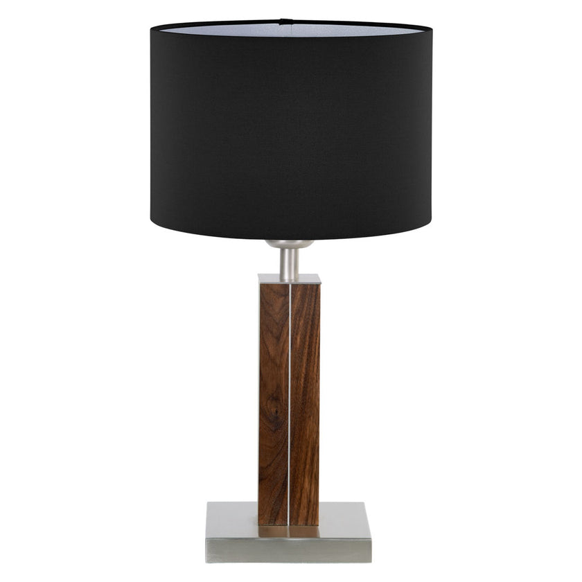 Tischleuchte aus Nussbaum geölt, Modell Dana, Schirm schwarz, Nickel Applikationen, Frontalansicht 