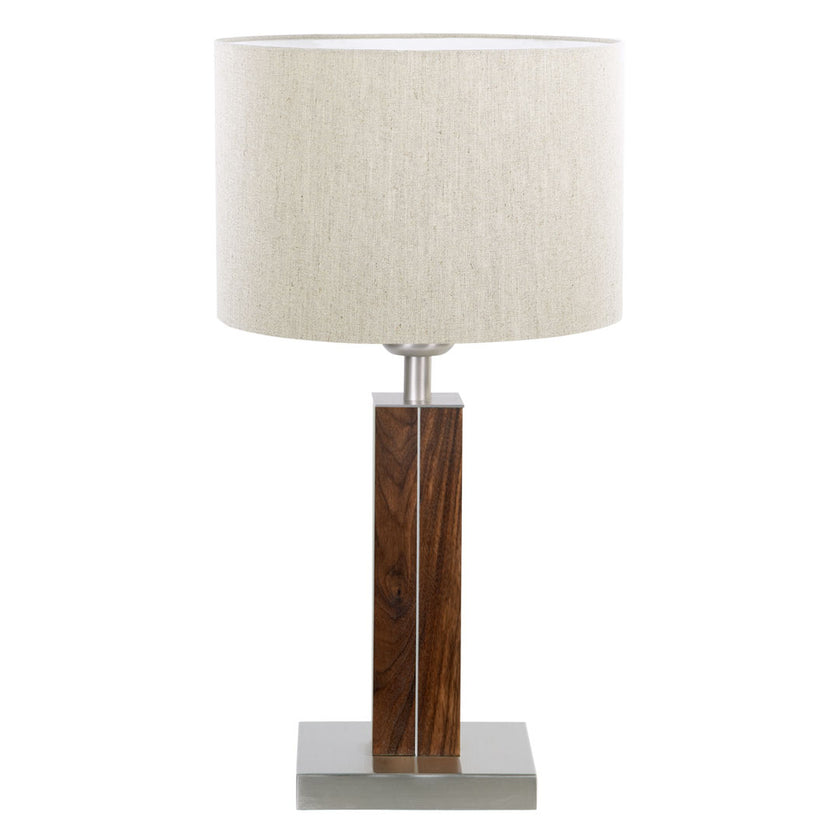 Tischleuchte aus Nussbaum geölt, Modell Dana, Schirm Leinenoptik, Nickel Applikationen, Frontalansicht 