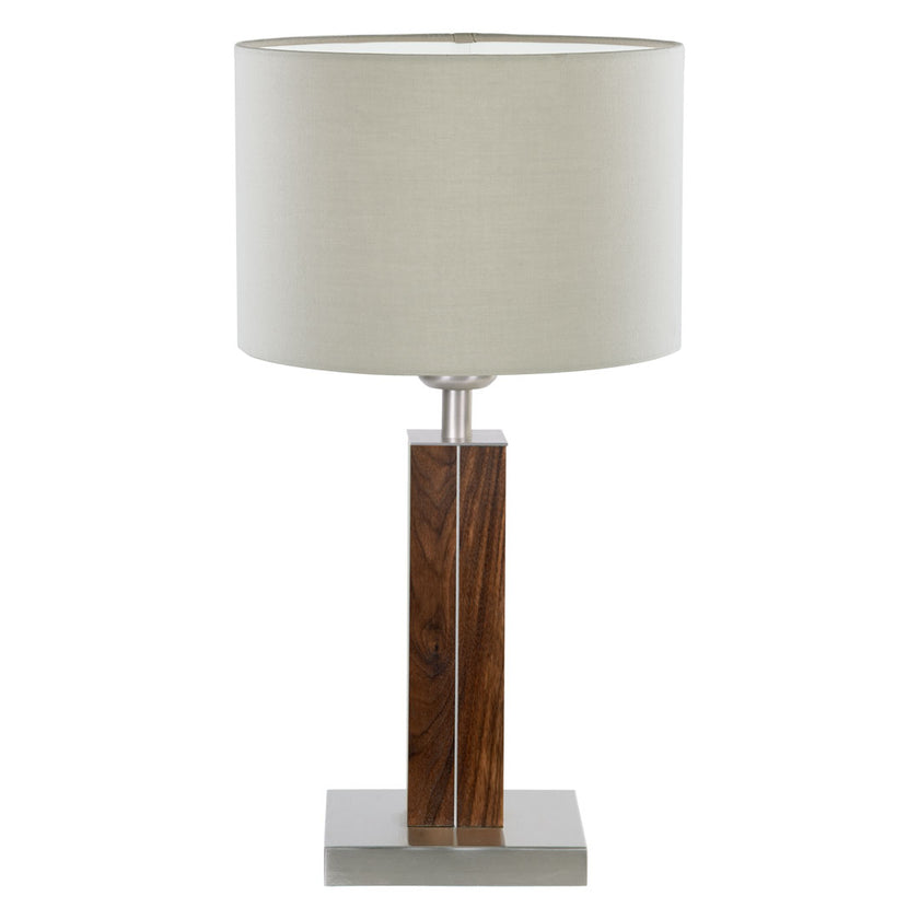 Tischleuchte aus Nussbaum geölt, Modell Dana, Schirm silbergrau, Nickel Applikationen, Frontalansicht 