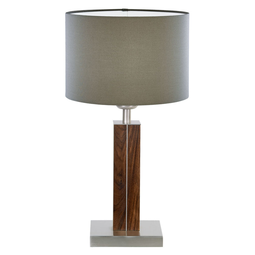 Tischleuchte aus Nussbaum geölt, Modell Dana, Schirm Taupe, Nickel Applikationen, Frontalansicht 