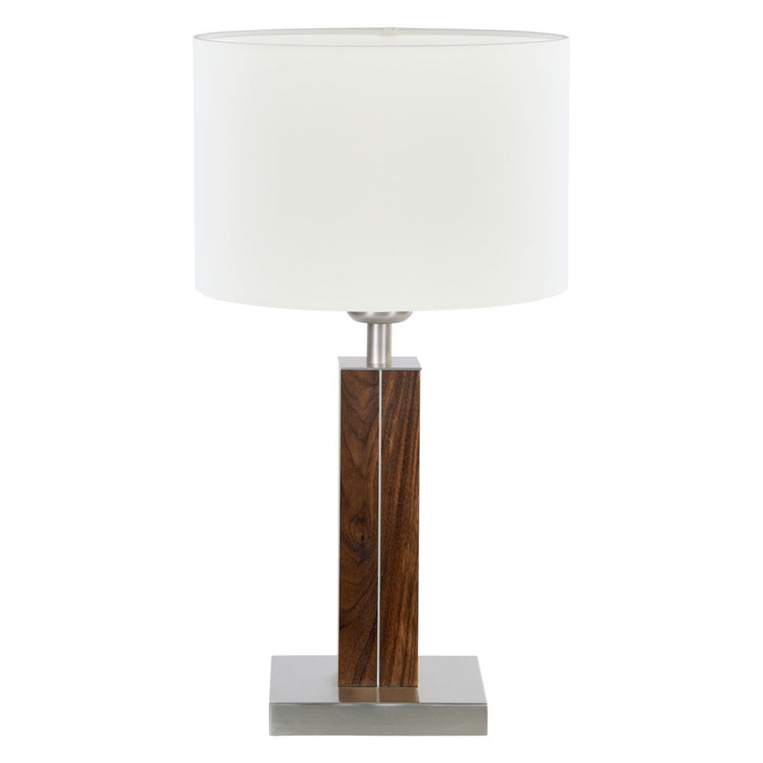 Tischleuchte aus Nussbaum geölt, Modell Dana, Schirm weiß, Nickel Applikationen, Frontalansicht 