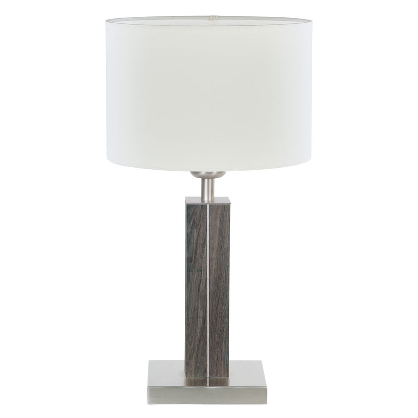 Tischleuchte aus Altholz, Modell Dana, weißer Schirm, Nickel Applikationen, Frontalansicht 