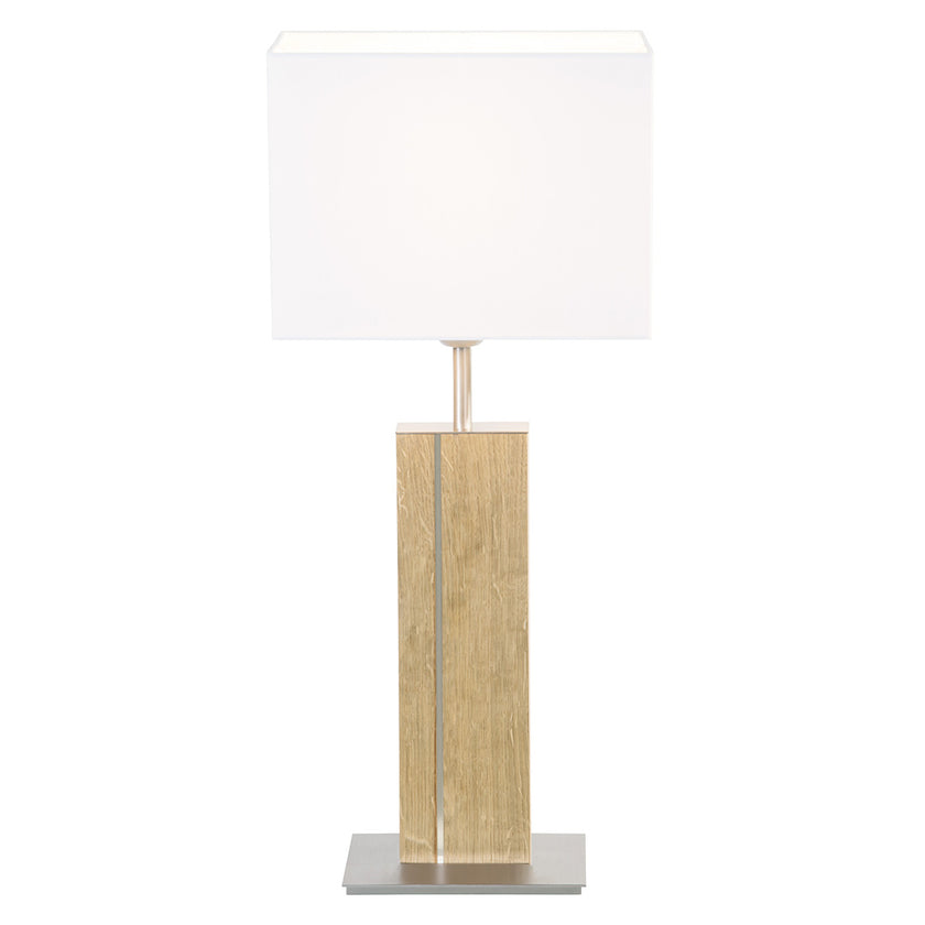 Tischleuchte aus Asteiche Natur, Modell Miss Hilton, weißer eckiger Schirm, Metall Nickel matt gebürstet, Frontalansicht 