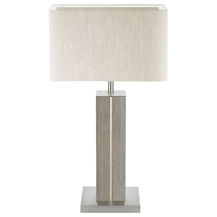 Hockerleuchte aus Fichte unique, Modell Dana, Applikationen in Nickel, Lampenschirm eckig in Leinenoptik