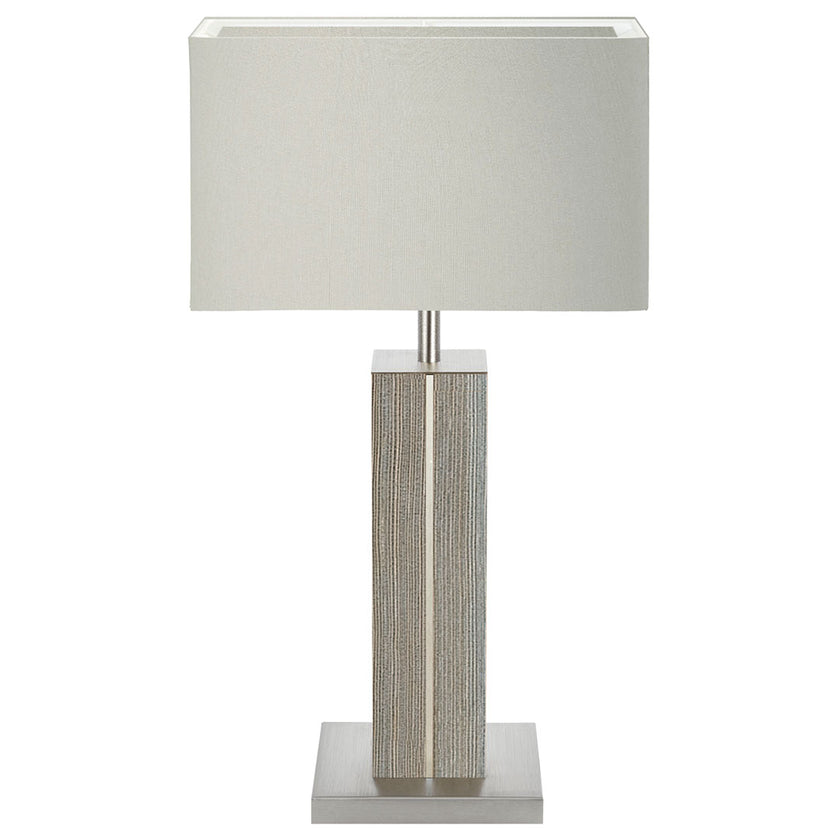 Hockerleuchte aus Fichte unique, Modell Dana, Applikationen in Nickel, Lampenschirm eckig silbergrau