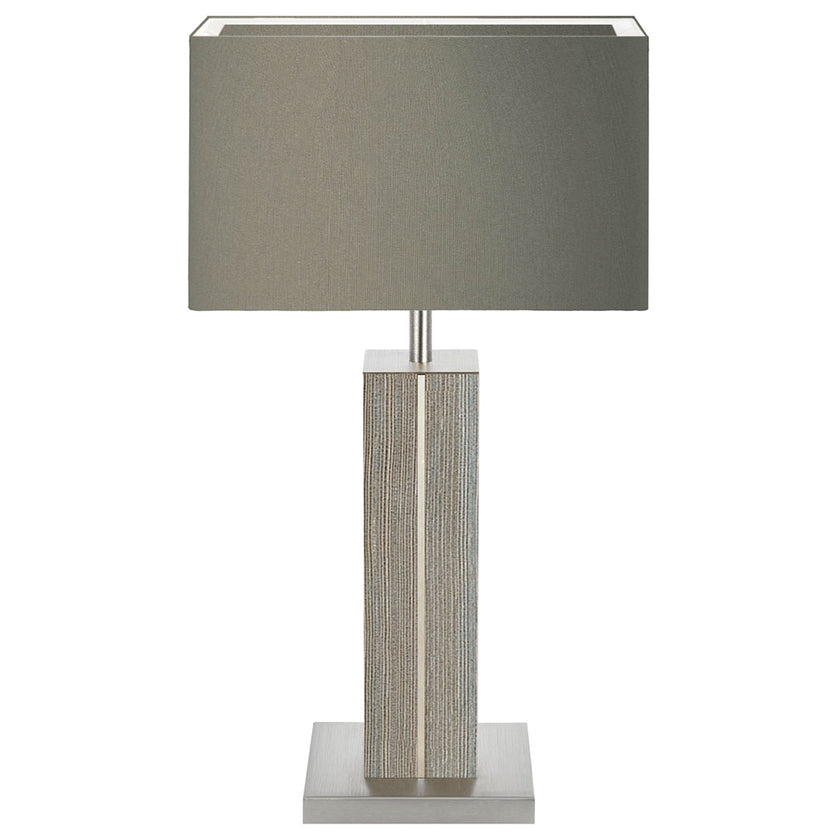 Hockerleuchte aus Fichte unique, Modell Dana, Applikationen in Nickel, Lampenschirm eckig taupe