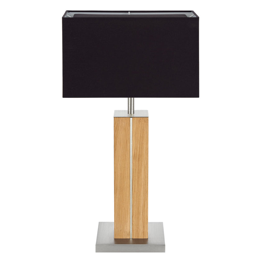 Hockerleuchte aus Asteiche geölt, Modell Dana, Applikationen in Nickel, Lampenschirm eckig schwarz